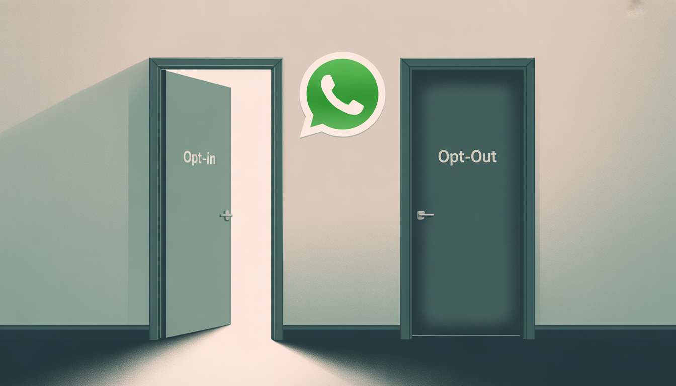 Imagem representando opções de opt-in e opt-out com o logo do WhatsApp ao centro, simbolizando escolhas relacionadas ao uso do WhatsApp.