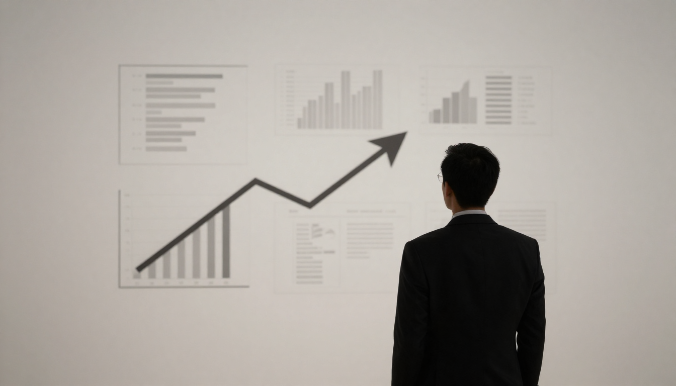Homem de terno assistindo gráfico de aumento de vendas e crescimento de negócios em uma parede com gráficos de barras e linhas.