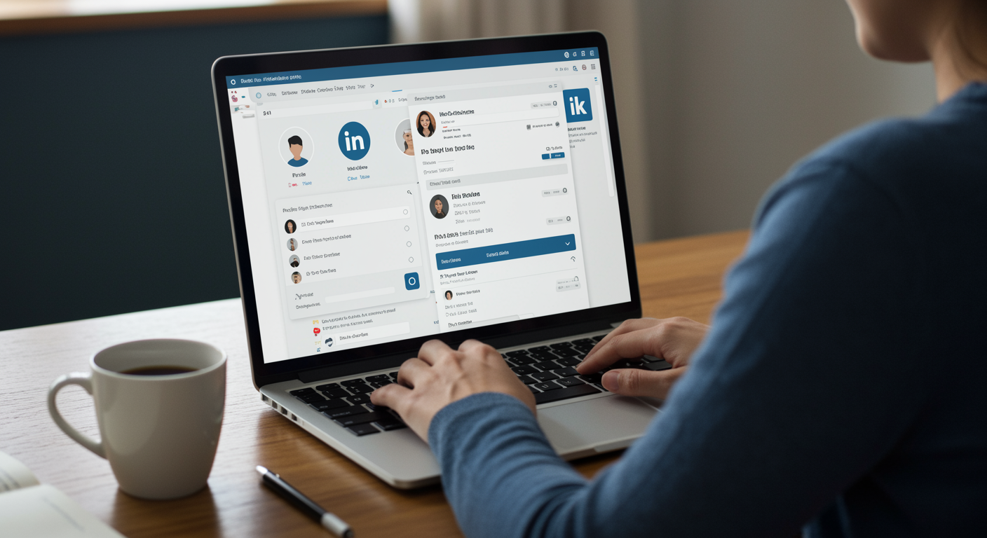 Pessoa navegando no LinkedIn e no site do Instagram no laptop, com uma caneca de café ao lado. Ambiente de trabalho moderno e digital.