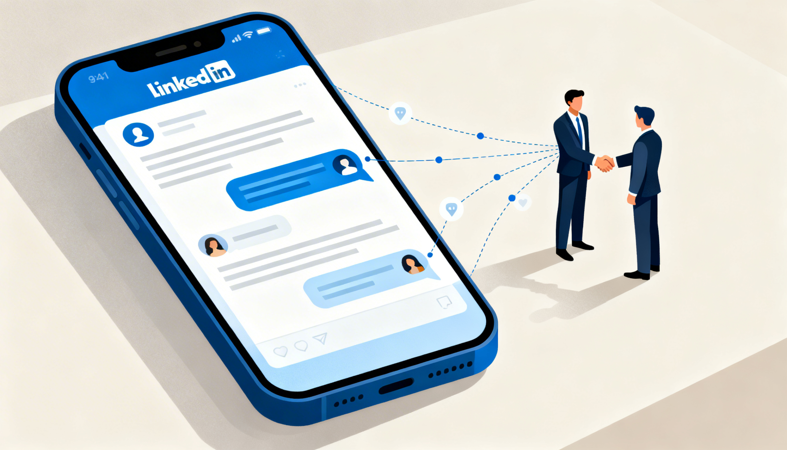 Imagem ilustrativa de conexão profissional no LinkedIn, mostrando smartphone com mensagens e dois homens de negócios se cumprimentando online.