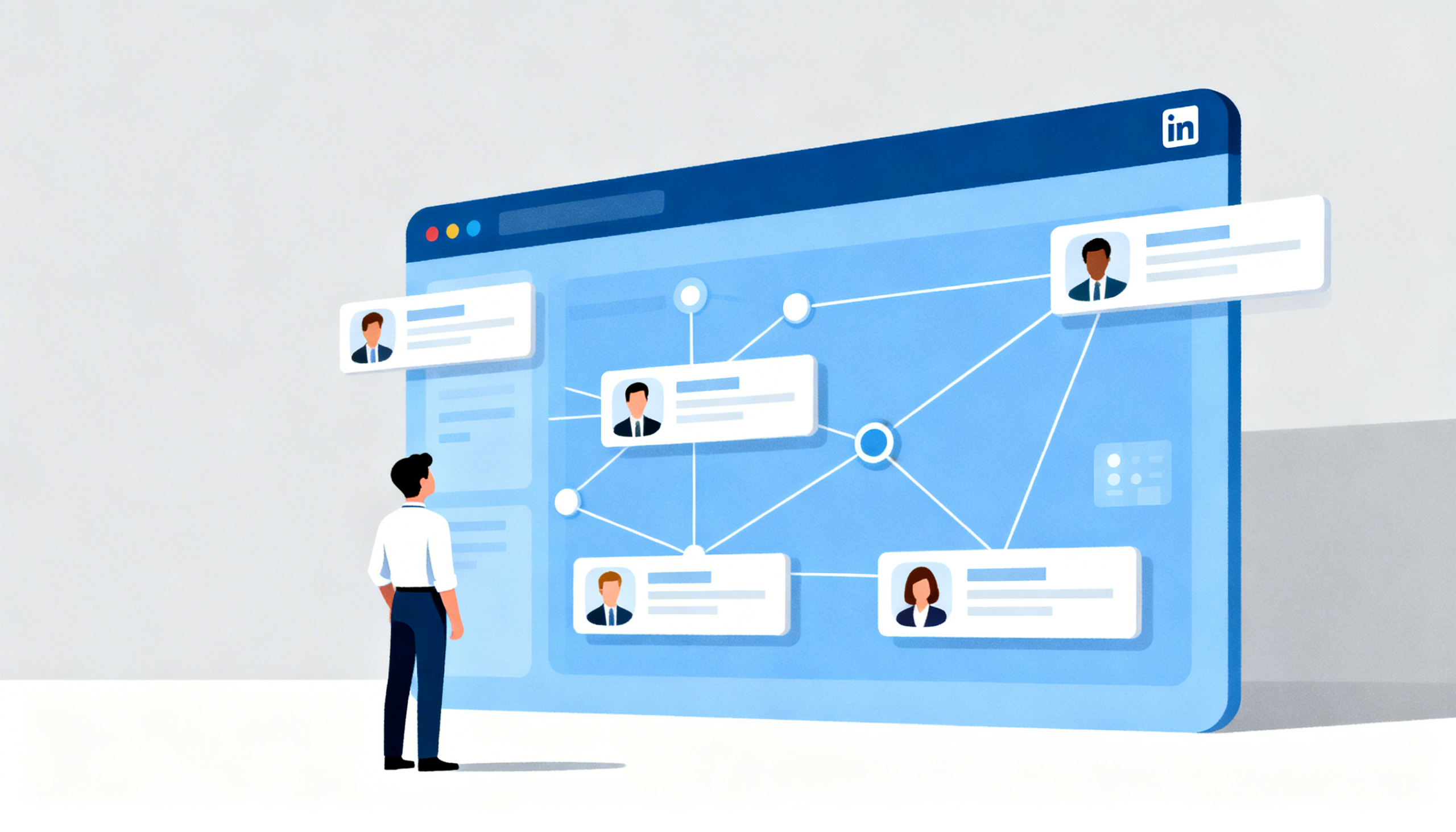 Ilustração de um homem observando uma rede de conexões no LinkedIn, representando networking profissional e conexões de empresas online.