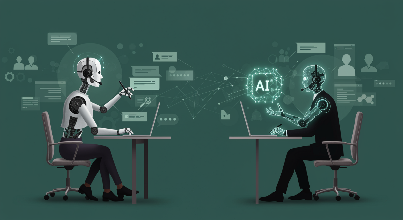 Ilustração de dois robôs conversando e trocando informações sobre inteligência artificial em computadores, simbolizando a comunicação entre IA e humanos.