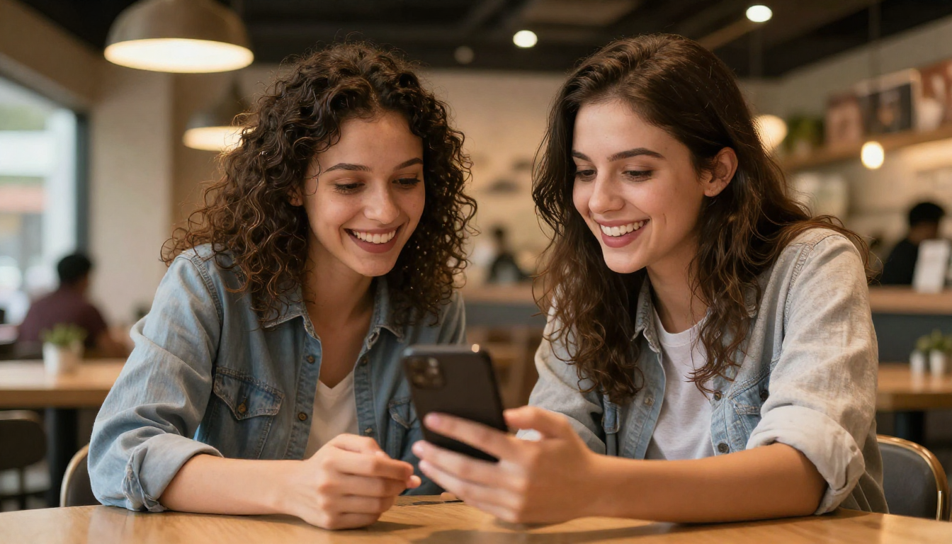 Duas jovens mulheres sorrindo e usando um smartphone em uma cafeteria moderna, apreciando um momento de amizade e entretenimento digital.