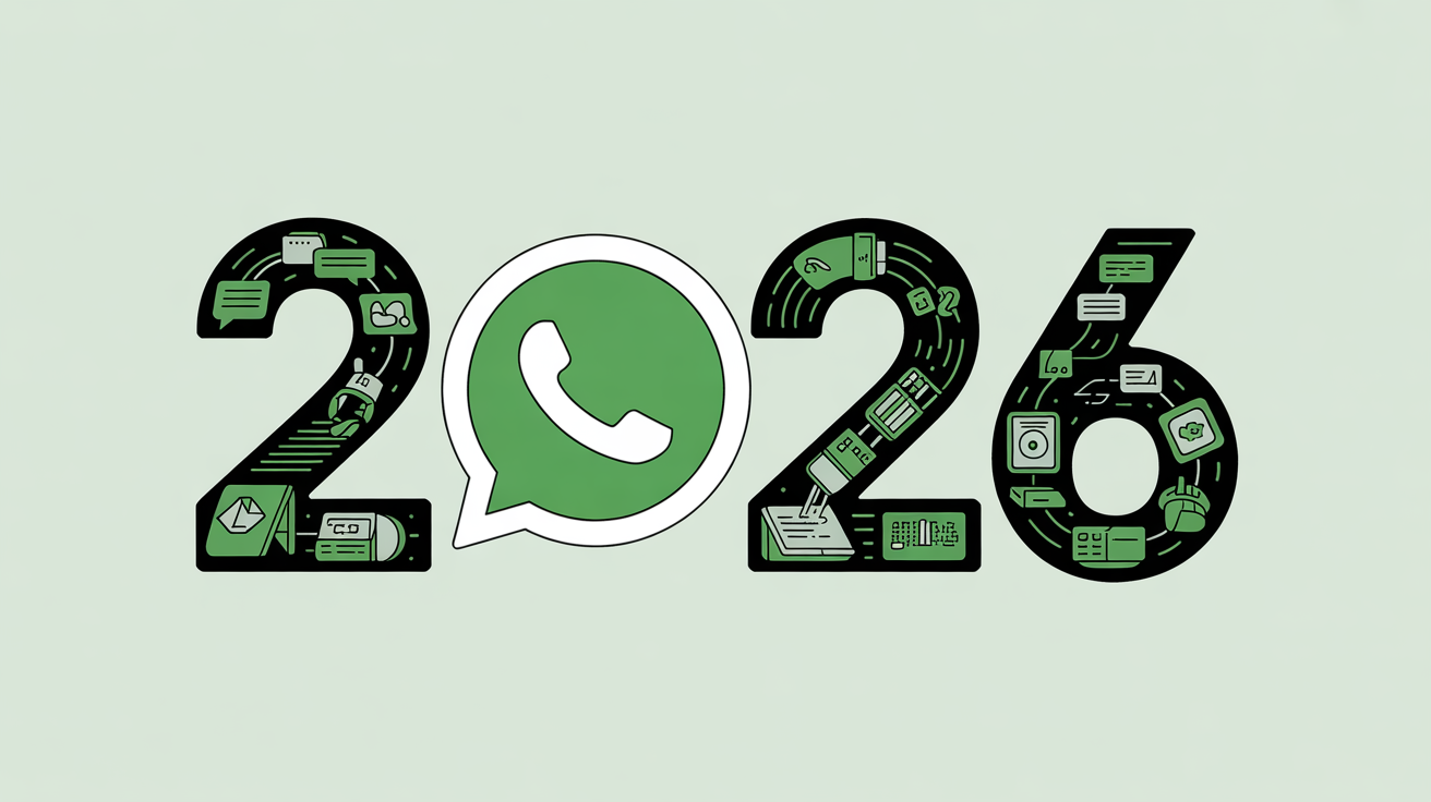 Imagem comemorativa do WhatsApp com o número 26, destacando a importância do aplicativo de mensagens na comunicação moderna, com elementos gráficos digitais.