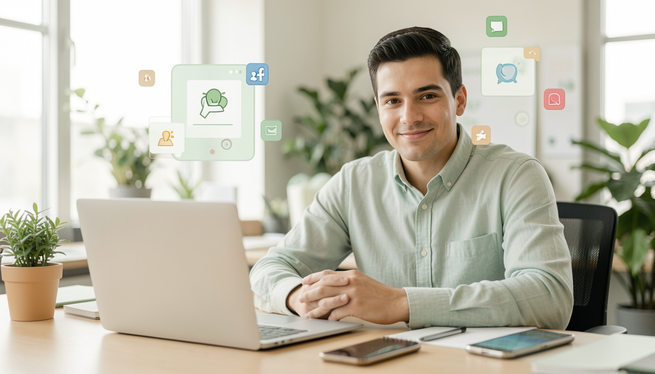 Homem sorridente em ambiente de escritório, usando laptop e conectado às redes sociais e aplicativos de comunicação.