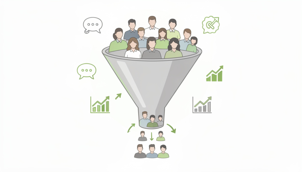 Imagem ilustrativa representando funil de vendas com múltiplas pessoas na topo, indicando etapas do processo que convertem em clientes no final, ideal para estratégias de marketing digital e geração de leads.