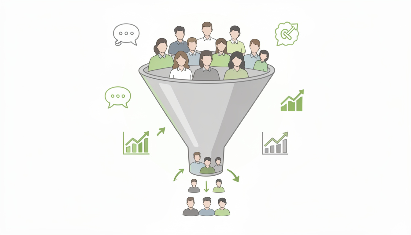 Imagem ilustrativa representando funil de vendas com múltiplas pessoas na topo, indicando etapas do processo que convertem em clientes no final, ideal para estratégias de marketing digital e geração de leads.