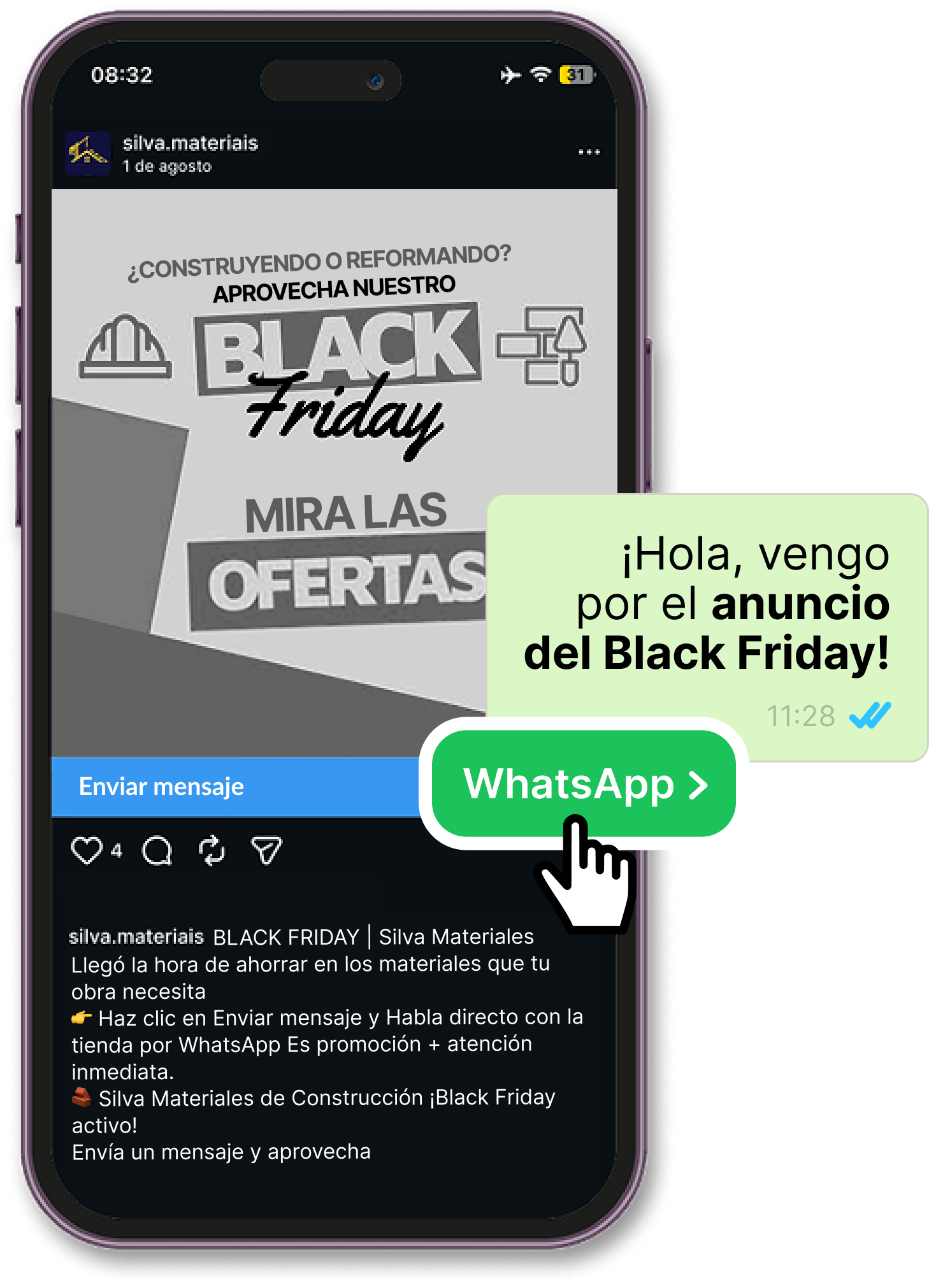 Mockup de um smartphone mostrando um anúncio de Black Friday de uma loja de materiais de construção no Instagram, com um balão de mensagem simulando o clique em um botão verde "WhatsApp" para iniciar uma conversa.