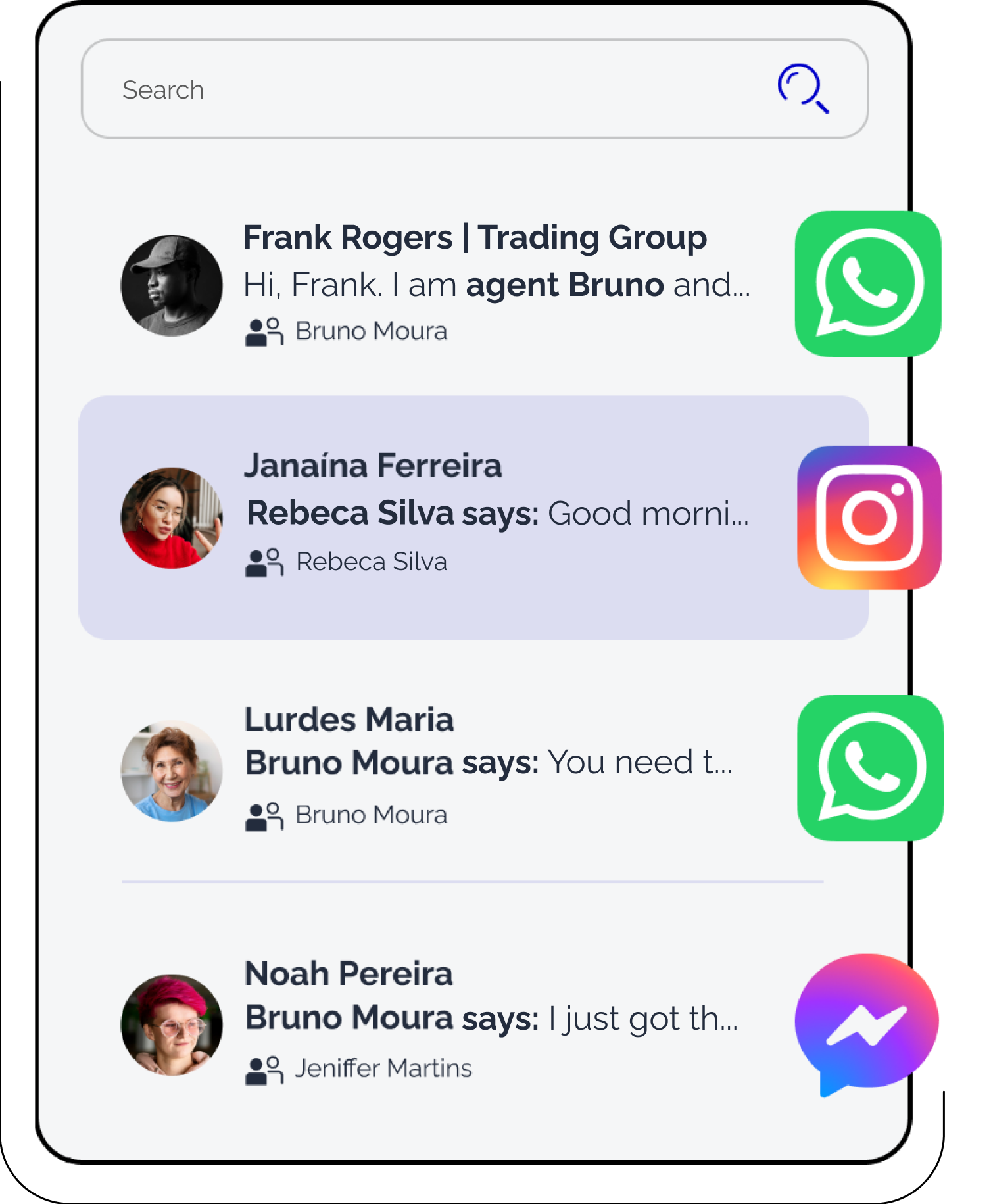 Print de uma lista de conversas de suporte e vendas no WhatsApp e Instagram, encimada por um ícone azul que ilustra o direcionamento automático de mensagens do WhatsApp para os atendentes humanos posicionados à direita.