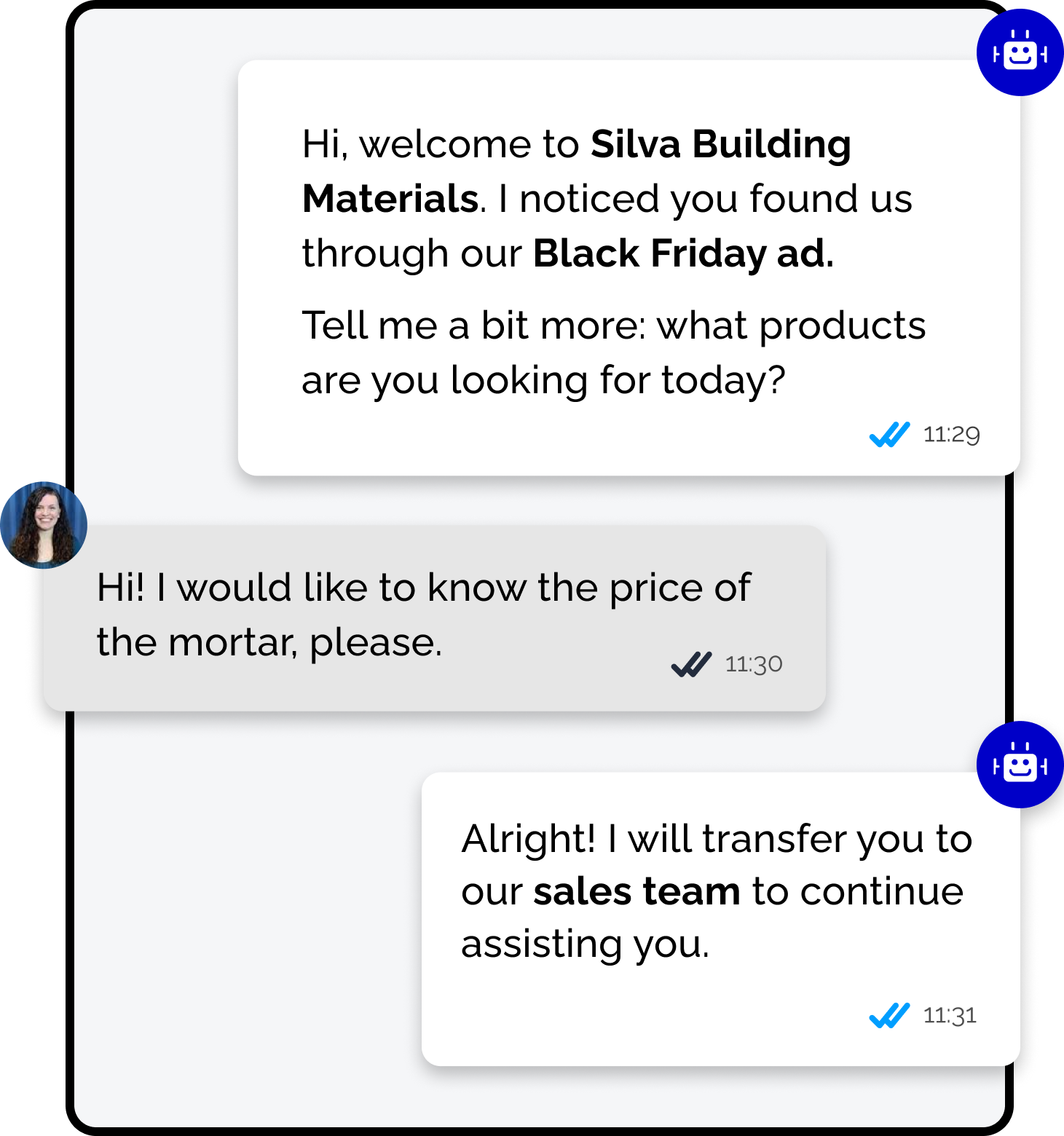 Print de tela de chat simulando atendimento automatizado em inglês, onde o bot identifica que a cliente veio por um anúncio de Black Friday da "Silva Building Materials", recebe uma dúvida sobre o preço de argamassa e avisa que vai transferi-la para a equipe de vendas.