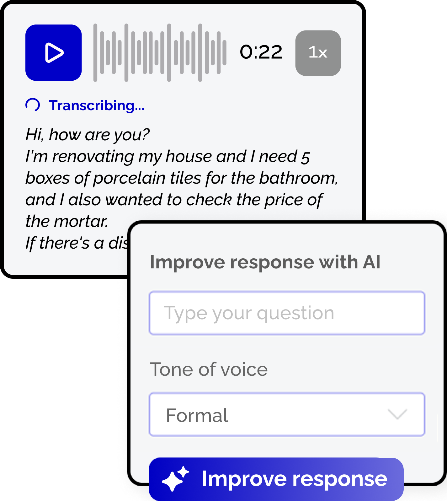 Print de uma interface de chat exibindo a transcrição em texto de uma mensagem de áudio de 14 segundos enviada pela cliente Poliana Martins, acompanhada do botão roxo "Transcrever áudio".