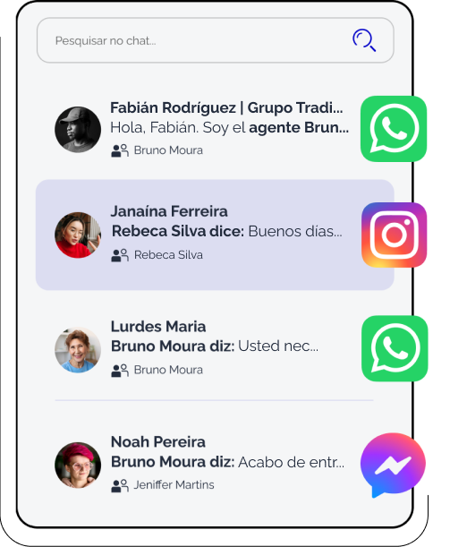 Print de uma lista de conversas de suporte e vendas no WhatsApp e Instagram, encimada por um ícone azul que ilustra o direcionamento automático de mensagens do WhatsApp para os atendentes humanos posicionados à direita.