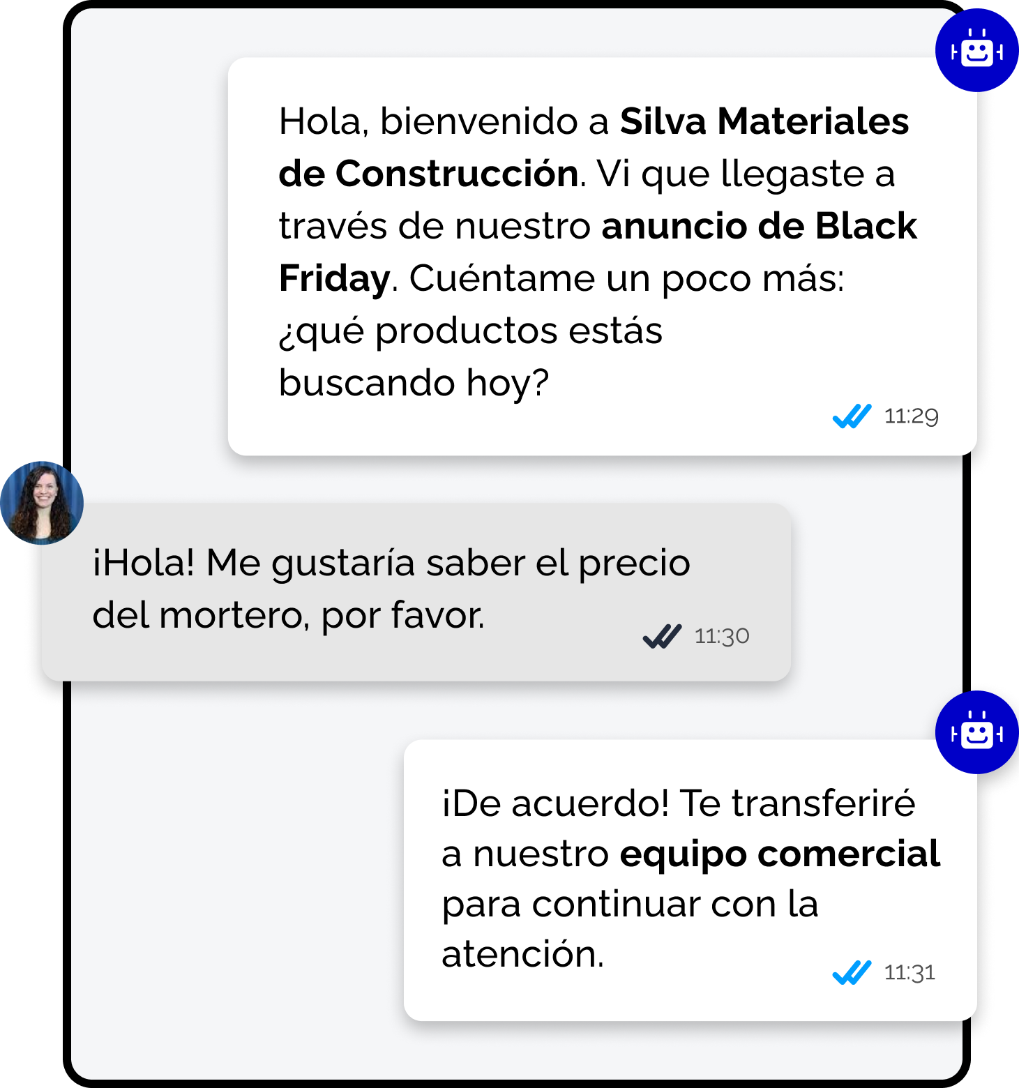 Print de tela de chat simulando atendimento automatizado em inglês, onde o bot identifica que a cliente veio por um anúncio de Black Friday da "Silva Building Materials", recebe uma dúvida sobre o preço de argamassa e avisa que vai transferi-la para a equipe de vendas.