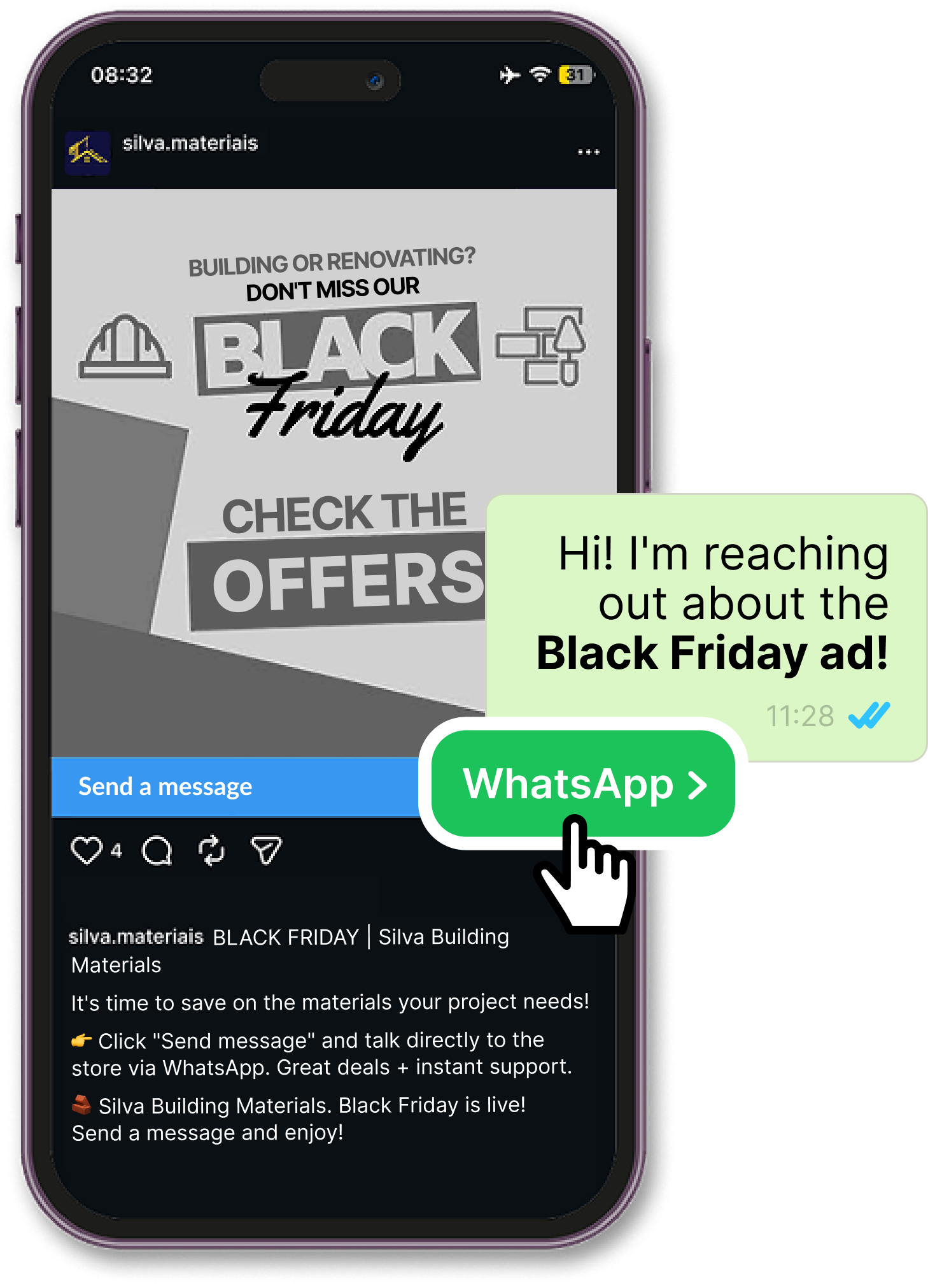 Mockup de um smartphone mostrando um anúncio de Black Friday de uma loja de materiais de construção no Instagram, com um balão de mensagem simulando o clique em um botão verde "WhatsApp" para iniciar uma conversa.