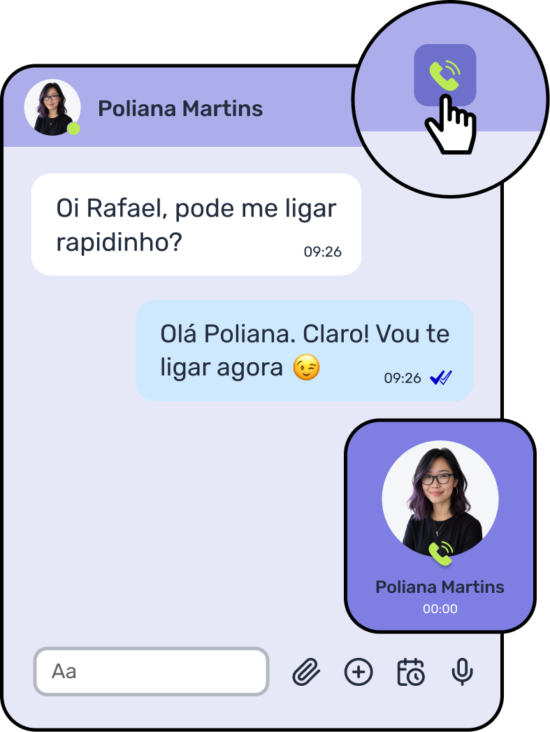 Print de uma tela de chat comercial com balões de mensagens sobre o início de uma chamada telefônica, destacando um botão superior com um ícone de telefone sendo clicado e um card inferior mostrando o início da ligação com a cliente Poliana Martins.