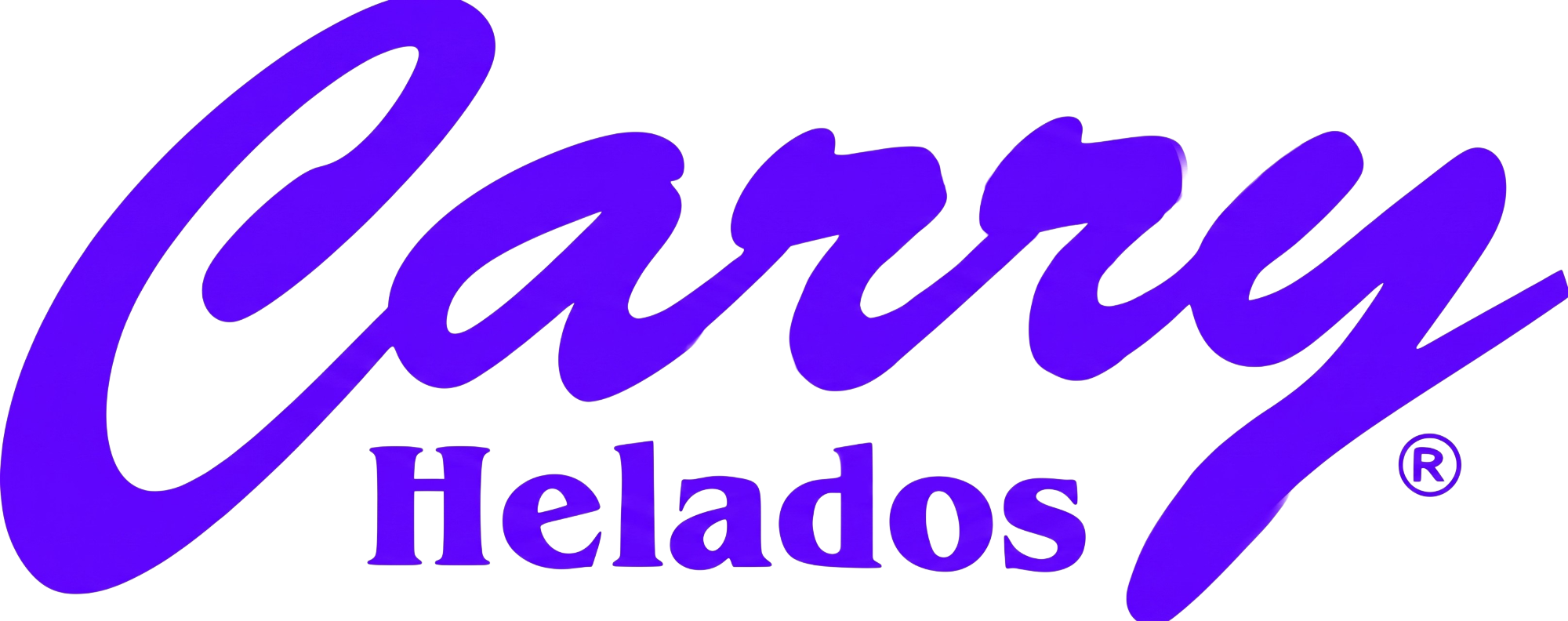 Logotipo roxo sobre fundo preto apresentando a palavra "Carry" escrita em uma fonte cursiva estilizada e, logo abaixo, a palavra "Helados" em fonte de forma com o símbolo de marca registrada ao lado.