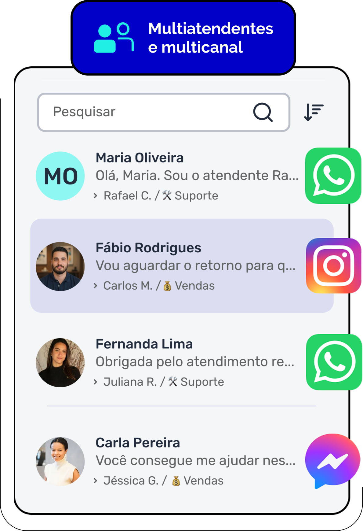 Print de uma interface de atendimento com o título "Multiatendentes e multicanal", exibindo uma lista de conversas de clientes identificadas com os ícones do WhatsApp, Instagram e Messenger.