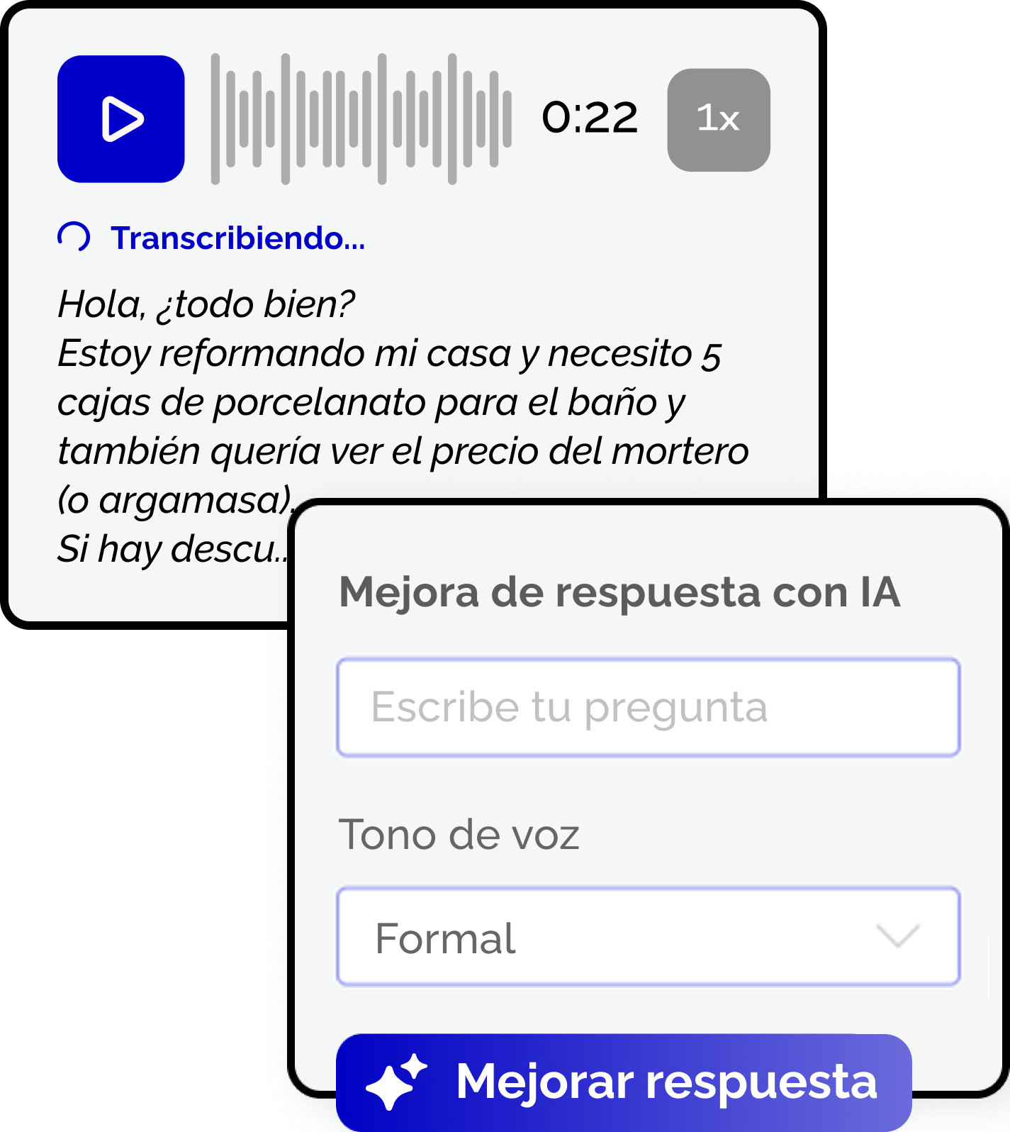Print de uma interface de chat exibindo a transcrição em texto de uma mensagem de áudio de 14 segundos enviada pela cliente Poliana Martins, acompanhada do botão roxo "Transcrever áudio".