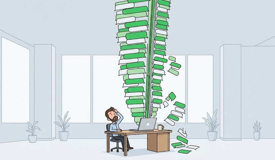 Ilustração em estilo vetorial de um homem trabalhando em um escritório com um laptop, enquanto pilhas e fragmentos de livros verdes “explodem” ao redor, sugerindo excesso de informações ou bibliografia infinita.
