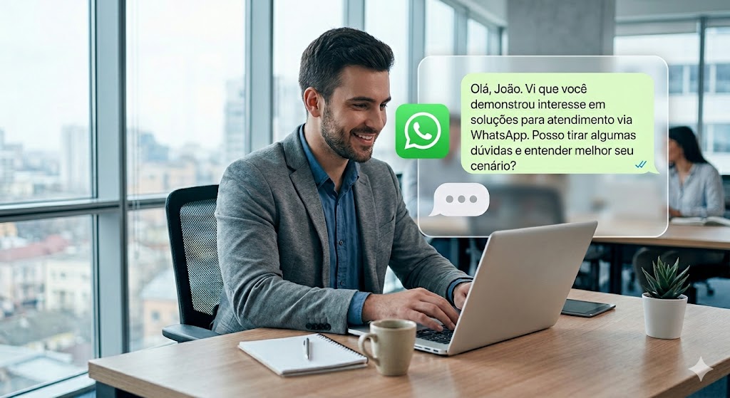 Homem em escritório moderno usando notebook e conversando por WhatsApp em tela, com balão de mensagem exibindo interesse em soluções via aplicativo e pergunta sobre próximos passos. Ambiente corporativo ao fundo.