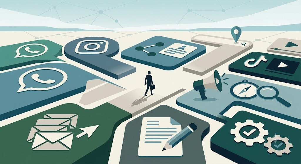 Ilustração vetorial com um mapa de redes sociais e canais de comunicação digitais, mostrando ícones como WhatsApp, Instagram, e-mail, notificação, megafone, relógio e engrenagens sobre rotas e um personagem caminhando.