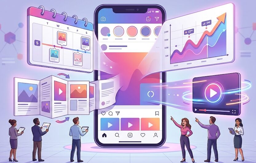 Ilustração de marketing digital com pessoas analisando telas de celular e painéis de gráficos, vídeos e indicadores de desempenho, em estilo 3D com cores vibrantes.