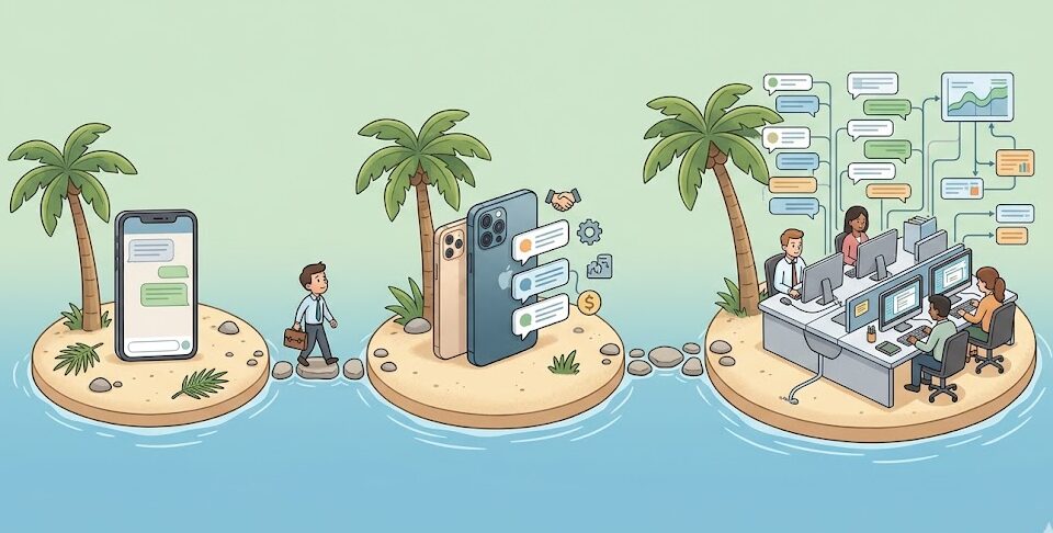 Ilustração em estilo cartoon mostrando três ilhas: uma com celular e mensagens, outra com um smartphone e engrenagem de produtividade, e uma terceira com uma equipe usando computadores e fluxos de documentos em rede para gerenciamento de dados e tecnologia em nuvem.