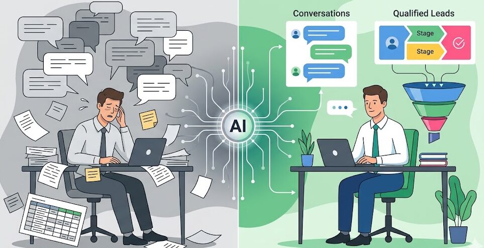 Ilustração dividida mostrando um homem com computador cercado por várias mensagens e documentos à esquerda, e à direita uma conversação com IA guiando leads qualificados via funil de vendas.