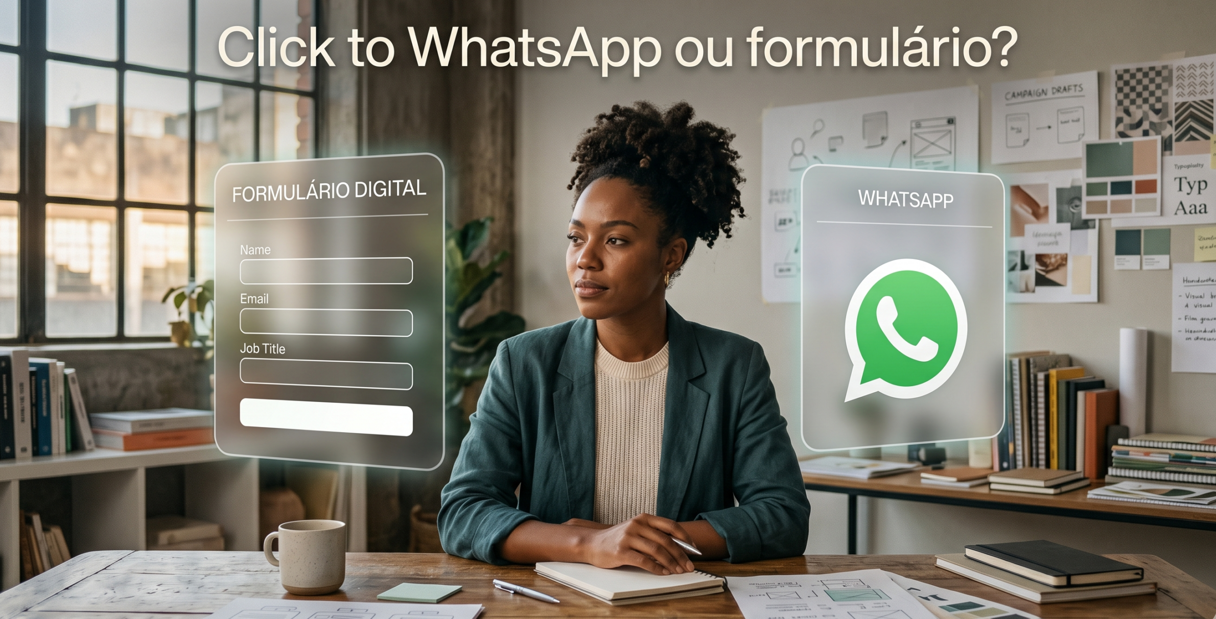 Mulher profissional em um escritório com computador e papéis sobre a mesa, usando mensagens e opções de contato via clique no WhatsApp ou formulário digital com campos de cadastro.