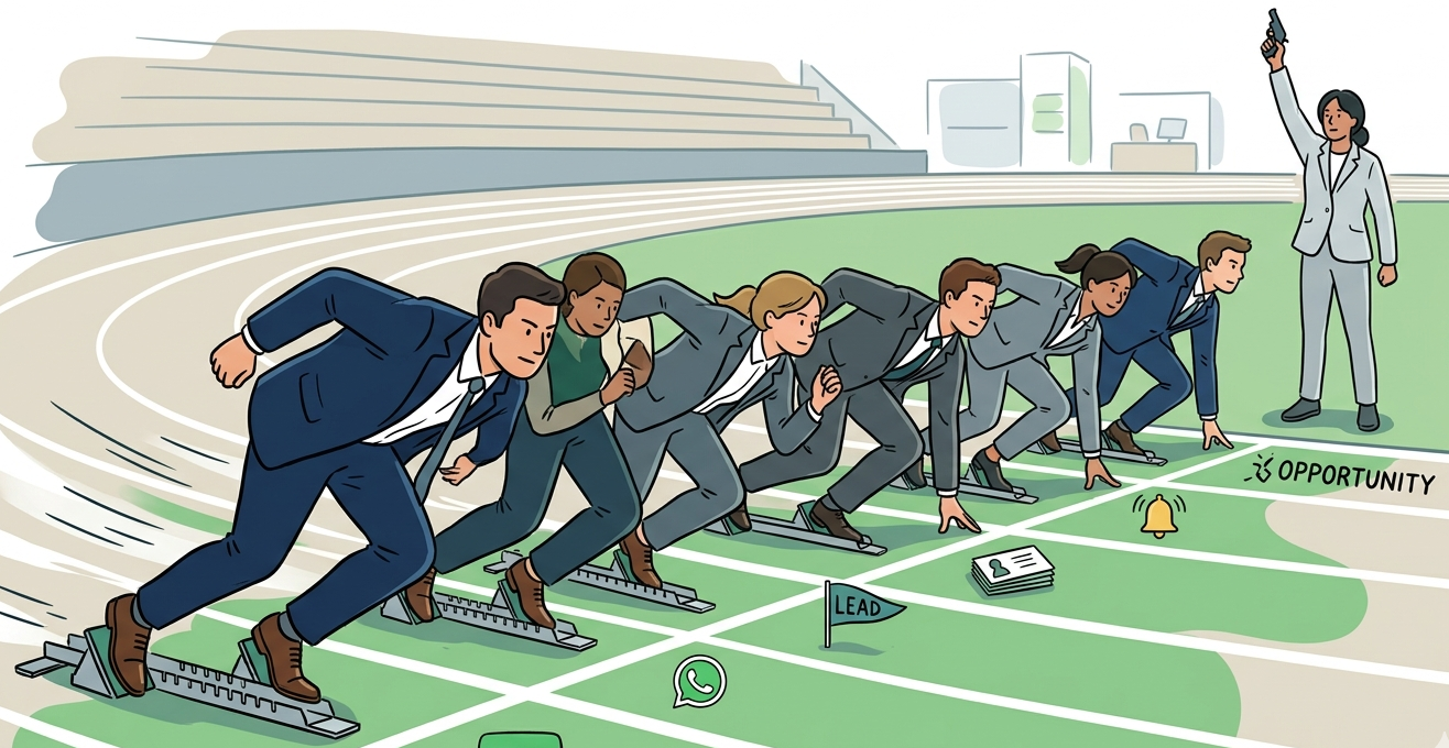 Ilustração vetorial de uma equipe de trabalho correndo por uma linha de partida em um campo de corrida, com placas de liderança e opportunity, sugerindo corrida por metas e produtividade no ambiente corporativo.