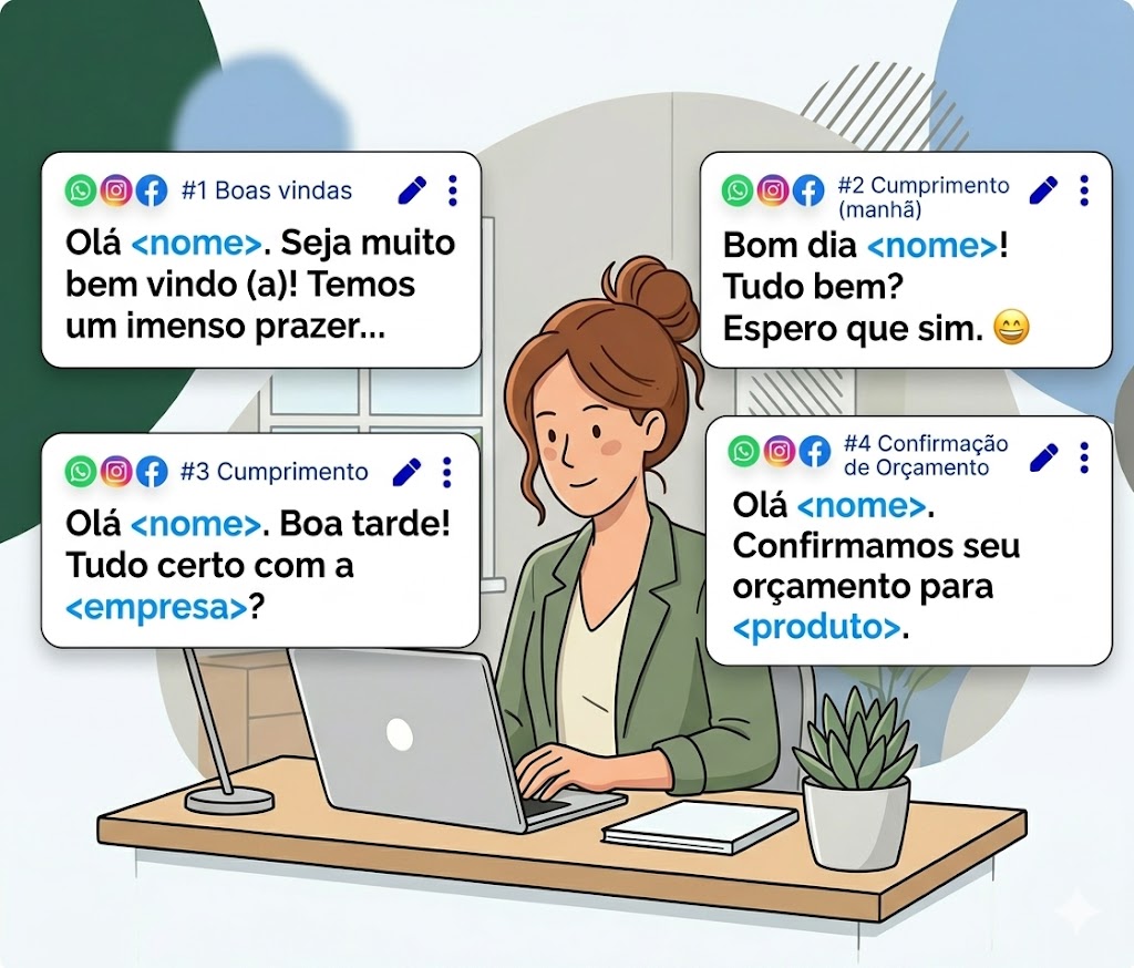 Ilustração de atendente em home office com laptop e planta ao lado, enquanto aparecem mensagens de WhatsApp, Instagram e Facebook em balões: #1 Boas vindas, #2 Cumprimento, #3 Cumprimento e #4 Confirmação do orçamento e produto.