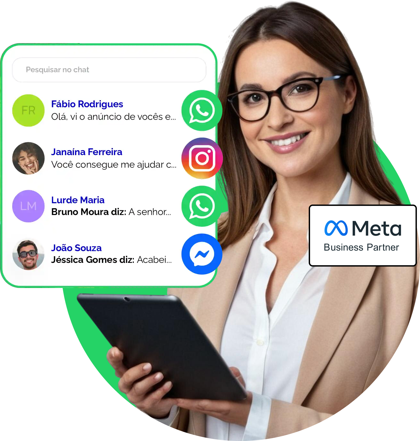 Mulher segurando um tablet ao lado de uma interface de mensagens com contatos e ícones do WhatsApp, Instagram e Messenger. Selo “Meta Business Partner” em destaque.