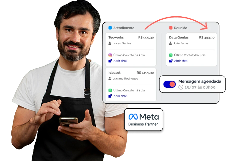 Homem de avental usando celular ao lado de painel de CRM com funil de vendas, mensagem agendada e selo Meta Business Partner.